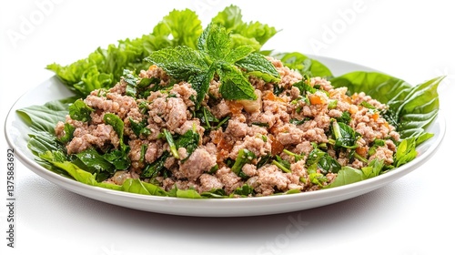 Spicy larb salad recipe laos cuisine food photography fresh ingredients close-up culinary delight