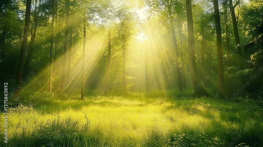 Obraz premium Magical Sunbeams Illuminating Lush Green Forest Tranquil Peaceful Serene Summer Nature Sunlight Rays Beams Through Trees Woods Woodland Scenery 