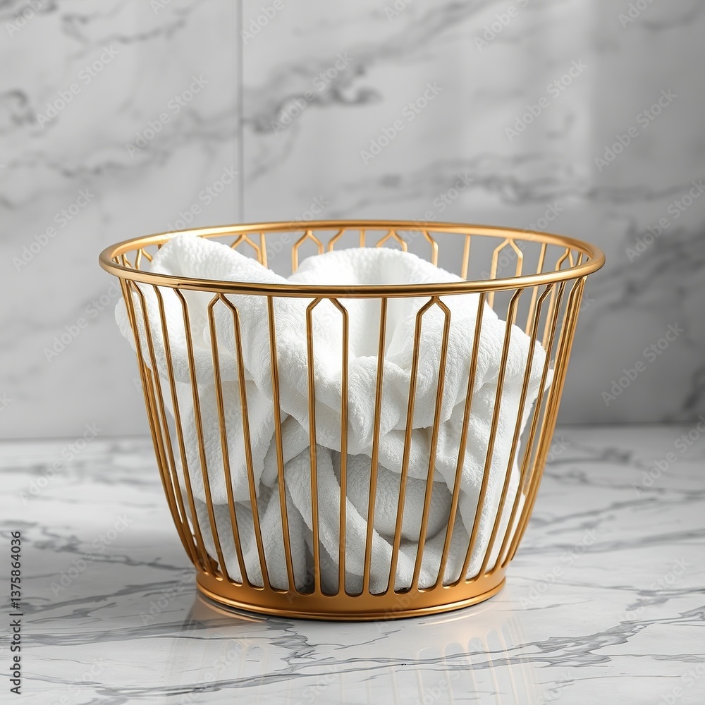 Fototapeta premium Gold-Reflected Laundry Basket Cleaner on Marble