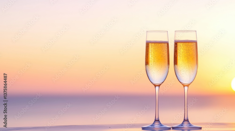 Two champagne flutes filled with bubbly drink against a serene sunset backdrop, evoking a sense of celebration and relaxation. Two champagne flutes filled with bubbly drink against a serene sunset backdrop, evoking a sense of celebration and relaxation.