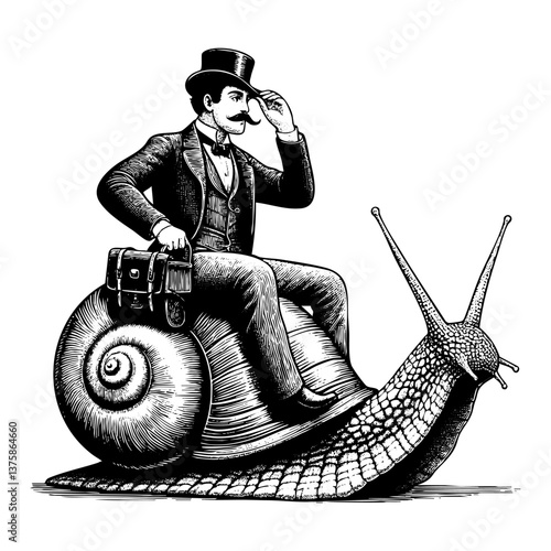 Gentleman riding snail sketch engraving black and white outline. Scratch board imitation.