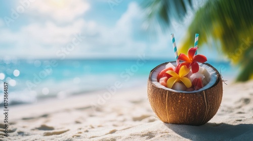 Paradise Drink: A refreshing drink served in a coconut shell, adorned with colorful flowers and straws, rests invitingly on a sandy beach, offering a taste of paradise.