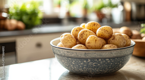 Potato tubers in a bowl on a kitchen counter, 