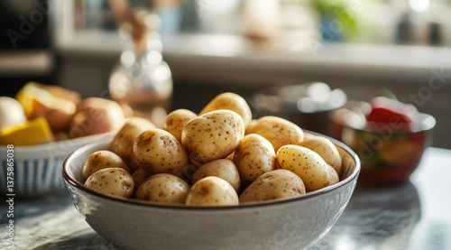 Potato tubers in a bowl on a kitchen counter, 