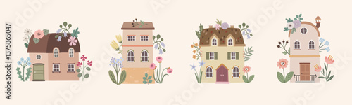 Hand-drawn vector illustration of cozy houses with flowers, blending cottagecore charm and homey details in a soft, whimsical style.