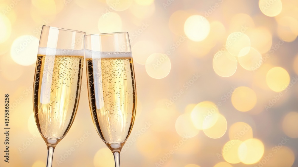 Two elegant champagne flutes clink together, filled with bubbly drink, set against a soft bokeh background that exudes celebration and luxury. Two elegant champagne flutes clink together, filled with bubbly drink, set against a soft bokeh background that exudes celebration and luxury.