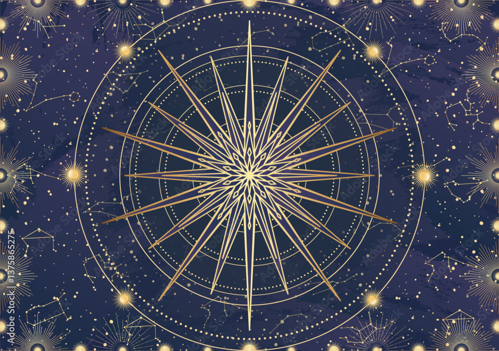 Obraz premium Card of golden star, sunburst, light rays, Sun. Constellation celestial space. Zodiac horoscope symbol, astrology talisman, spiritual sign, mystical icon, emblem. Magic galaxy vector illustration