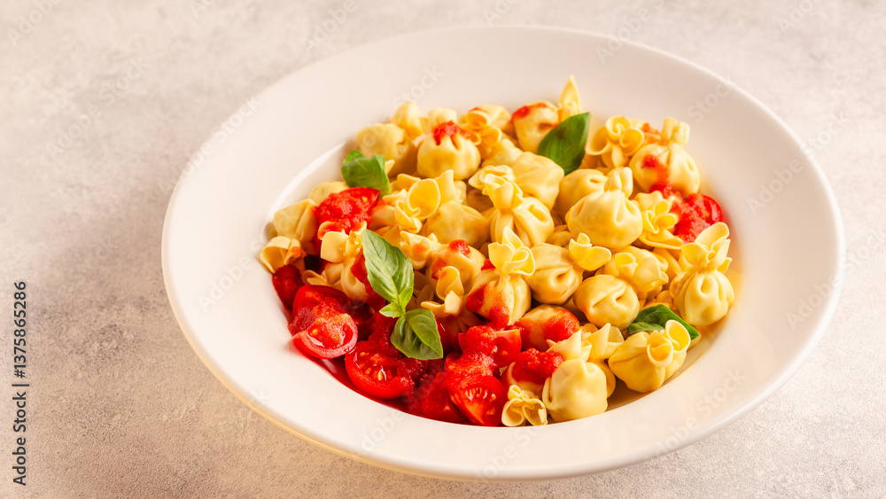 Sacсhettini pasta in a plate with tomato sauce.