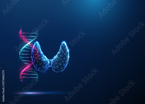 Abstract blue and purple DNA molecule helix and human thyroid gland. Genetic biotechnology engineering concept. Low poly futuristic technology digital style.