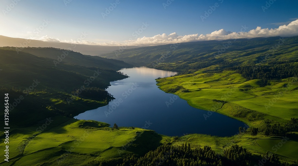 Aerial view of beautiful lake surrounded by green hills and forests during daytime Aerial view of beautiful lake surrounded by green hills and forests during daytime