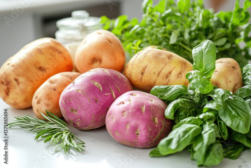 Sweet potatoes and potatoes on white clean kitchen countertop 