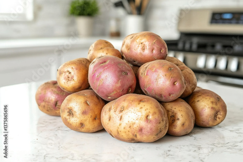Sweet potatoes and potatoes on white clean kitchen countertop 