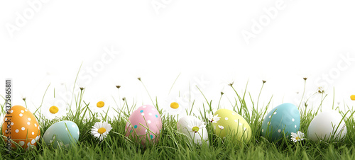 Colorful Polka Dot Eggs Amidst Green Grass and Daisies, Transparent Background