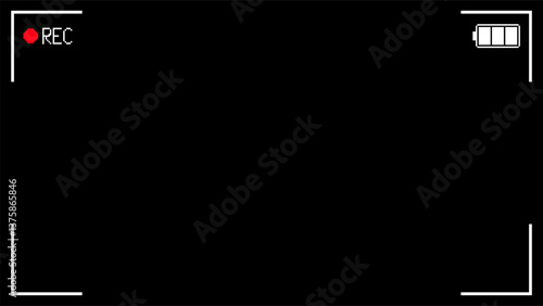 Camera screen recording pixel art. Camcorder interface retro video game style. Videotape recording with black background, vector.