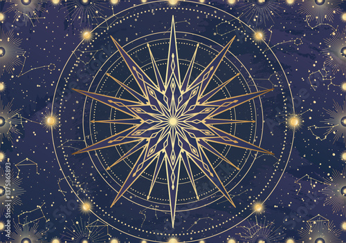 Wallpaper Mural Card of golden star, sunburst, light rays, Sun. Constellation celestial space. Zodiac horoscope symbol, astrology talisman, spiritual sign, mystical icon, emblem. Magic galaxy vector illustration Torontodigital.ca