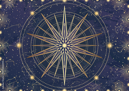 Wallpaper Mural Card of golden star, sunburst, light rays, Sun. Constellation celestial space. Zodiac horoscope symbol, astrology talisman, spiritual sign, mystical icon, emblem. Magic galaxy vector illustration Torontodigital.ca