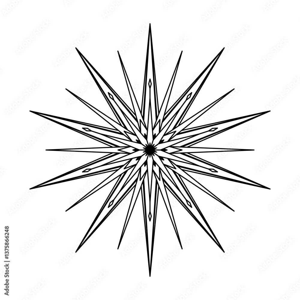 Fototapeta premium Hand drawn silhouette of star, sunburst, light ray. Bohemian symbol bursting sun ray. Magic ornate talisman, antique style, boho, tattoo, logo. Vector illustration isolated on white background