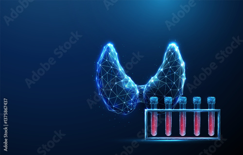 Abstract blue human thyroid gland and blood sample rack. Blood analysis and thyroid health, medical diagnostics concept. Low poly style.