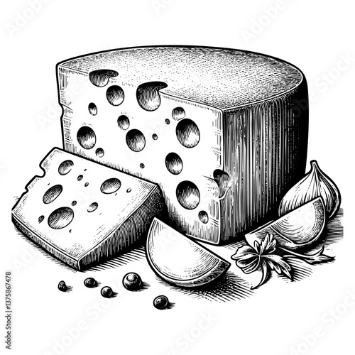 Slice of cheese engraving black and white outline. Scratch board imitation.  illustrated in vintage line art style on a white background.