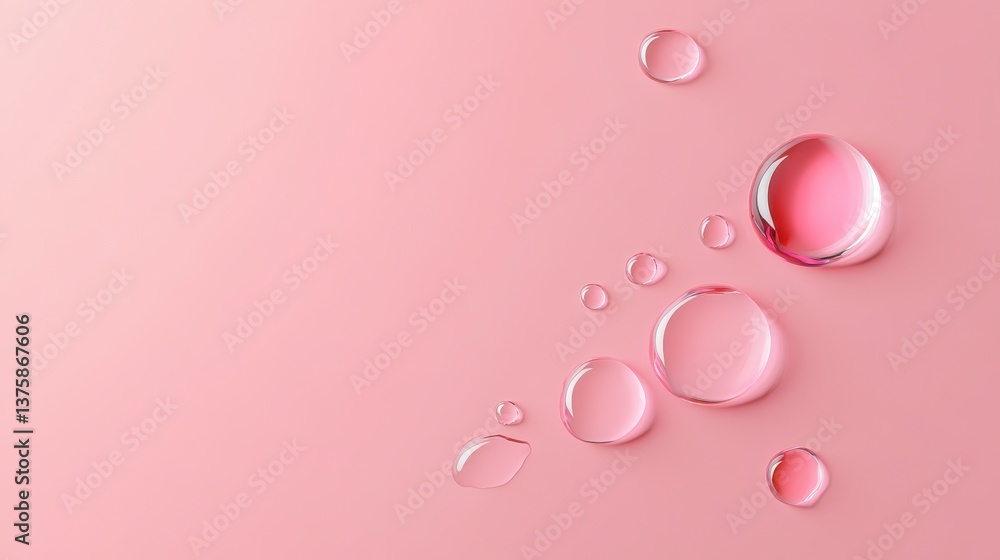Radiant Dewdrop: A cluster of pristine water droplets, each gleaming with crystalline transparency, is delicately arranged on a gentle pink surface, evoking purity and serenity. Radiant Dewdrop: A cluster of pristine water droplets, each gleaming with crystalline transparency, is delicately arranged on a gentle pink surface, evoking purity and serenity.