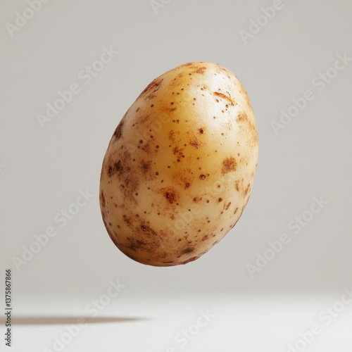 A potato in the air, , food photography, photography studio, realistic details, bright light,