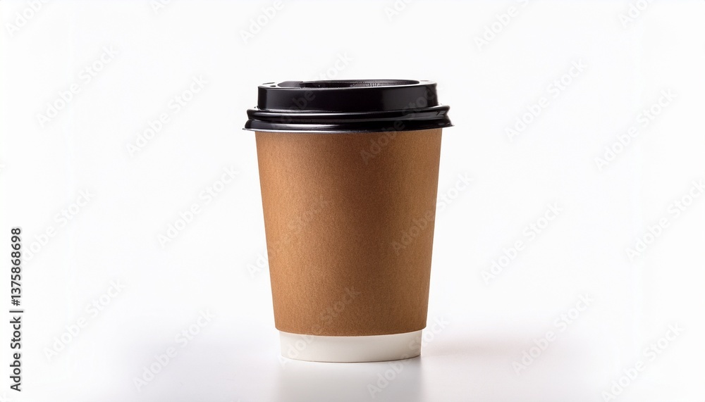 a brown paper coffee cup with a black lid isolated on a white background a brown paper coffee cup with a black lid isolated on a white background