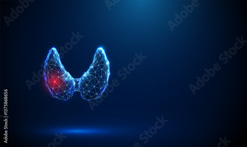 Abstract blue human thyroid gland with red spot. Thyroid diseases, medical treatment, thyroid disorders, diagnosis concept. Low poly style.
