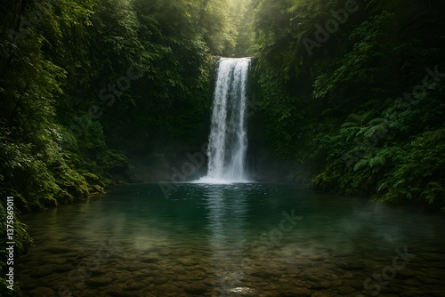 Serene waterfall surrounded by lush greenery and calm water.