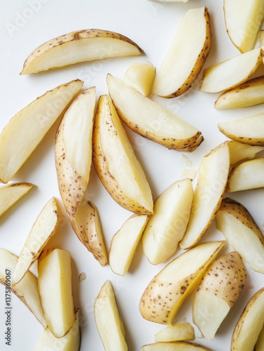 Peeled potato wedges covered the whole white tabletop, overhead shooting