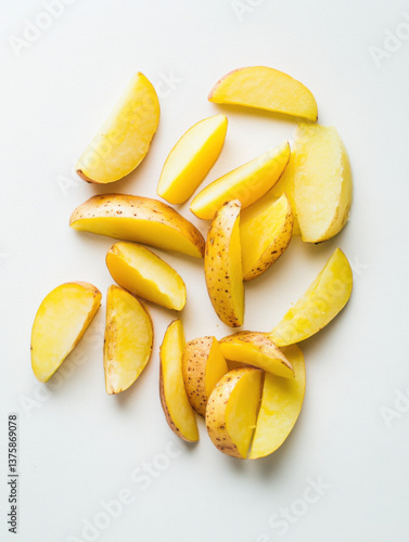 Peeled potato wedges covered the whole white tabletop, overhead shooting
