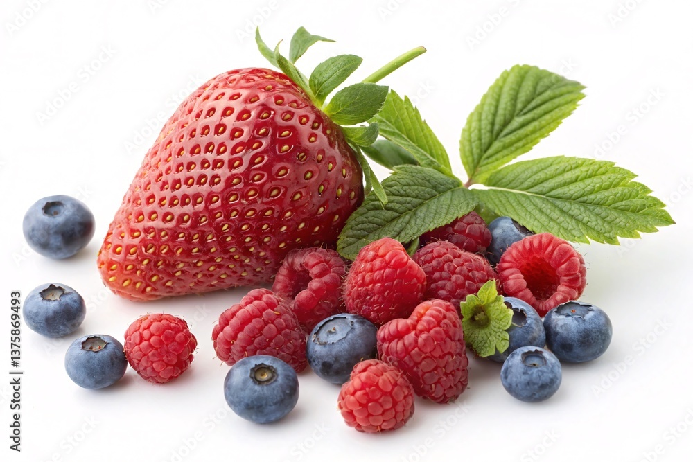 Fresh Berry Medley Featuring Strawberry, Raspberries, and Blueberries on White Background Fresh Berry Medley Featuring Strawberry, Raspberries, and Blueberries on White Background