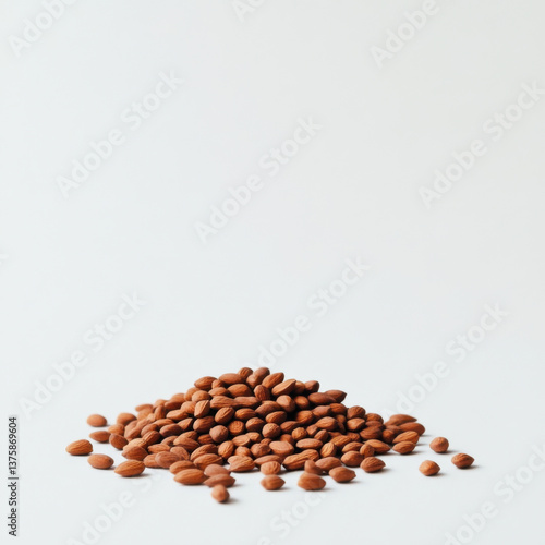 A clean, minimalistic image of a pile of almonds scattered on a pure white background,