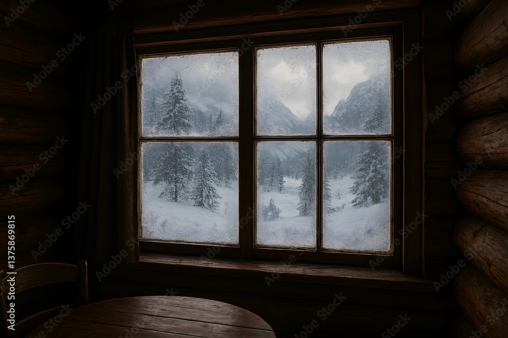 Fototapeta premium Cozy cabin view with snowy mountains outside the window.