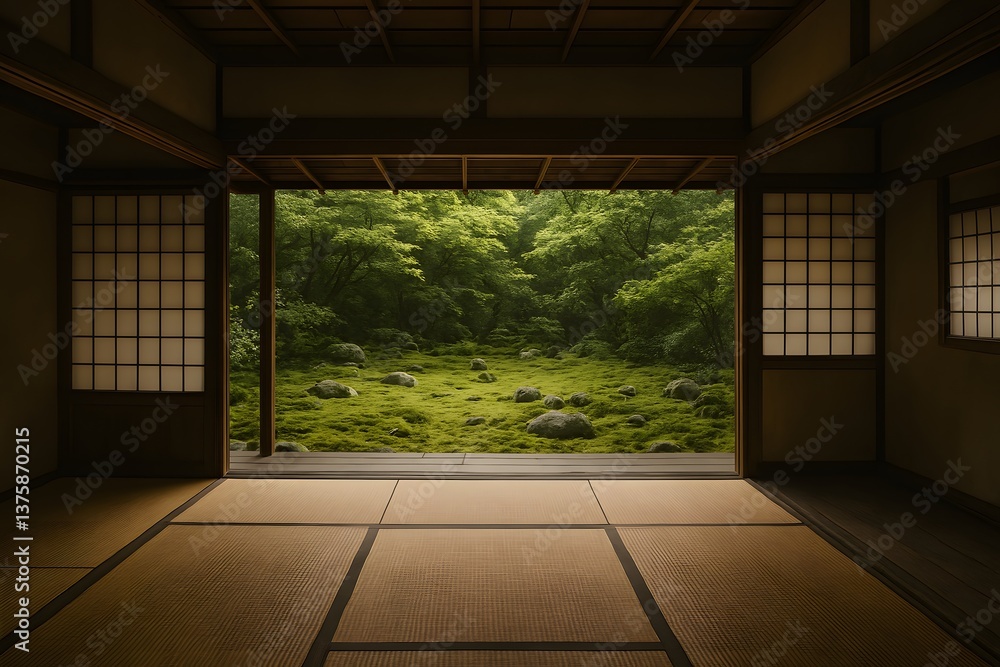 Tranquil view of a serene garden through a traditional Japanese room.
