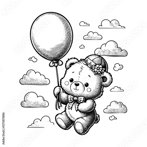 Teddy bear fly holding balloon sketch engraving black and white outline. Scratch board imitation.  illustrated in vintage line art style on a white background.
