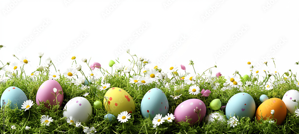 Fototapeta premium Pastel Polka Dot Easter Eggs Amidst Green Grass And Daisy Flowers on Transparent BG