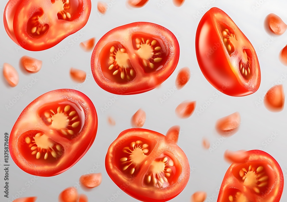 Tomato slices floating against a white background Tomato slices floating against a white background