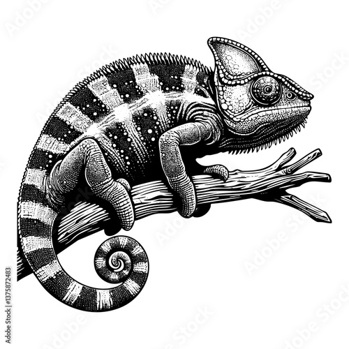 Chameleon sketch engraving black and white outline. Scratch board imitation.  illustrated in vintage line art style on a white background.