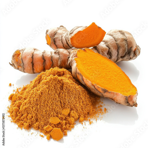 A pile of turmeric roots and one cut into pieces, with the powder beside it on a white background,