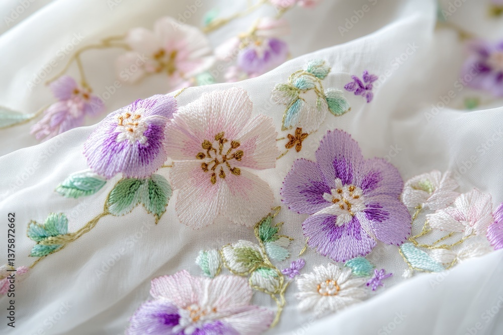 Delicate embroidered floral pattern on sheer white fabric, showcasing pastel pink and purple blossoms. Delicate embroidered floral pattern on sheer white fabric, showcasing pastel pink and purple blossoms.