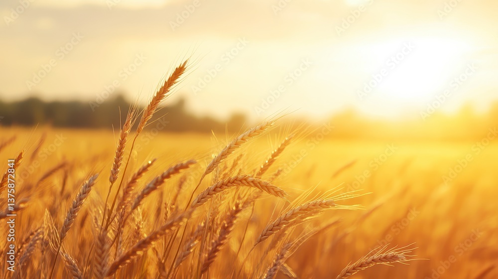 Fototapeta premium Golden Wheat Field: Golden wheat field bathed in warm sunlight, creating a tranquil and idyllic scene.