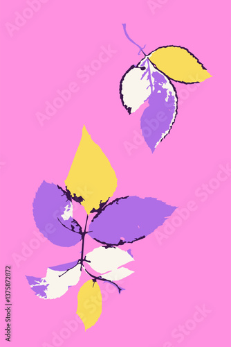 Abstract minimalist floral card with leaves. Vertical background with modern whimsical botanical design. Poster with cottage core plants.