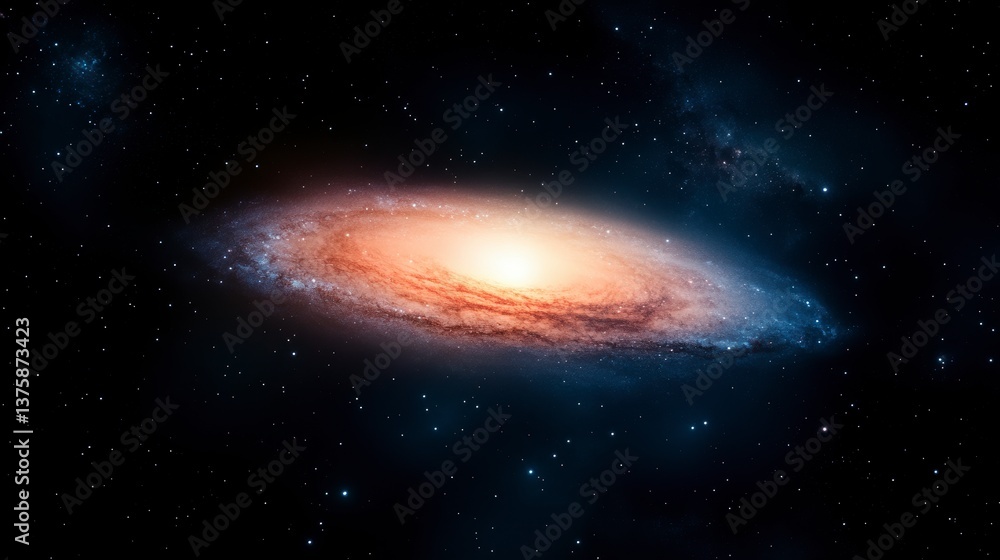 Fototapeta premium Celestial Spiral: A stunning image showcases a spiral galaxy, swirling through the vastness of space, a cosmic dance of stars, gas, and dust, igniting the imagination and fostering a sense of wonder.