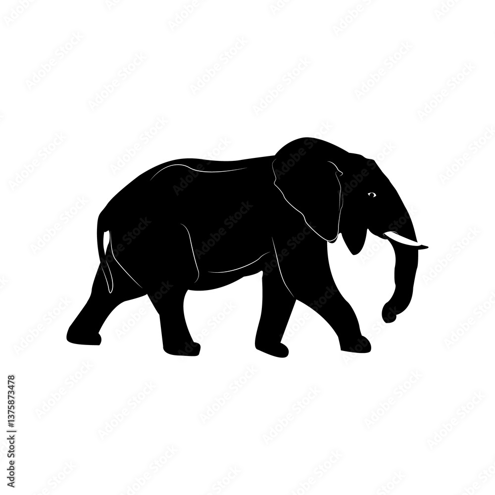 Obraz premium Silhouette of an elephant on a white background. Massive body, long trunk, big ears and strong legs. An image of strength, greatness and wisdom.