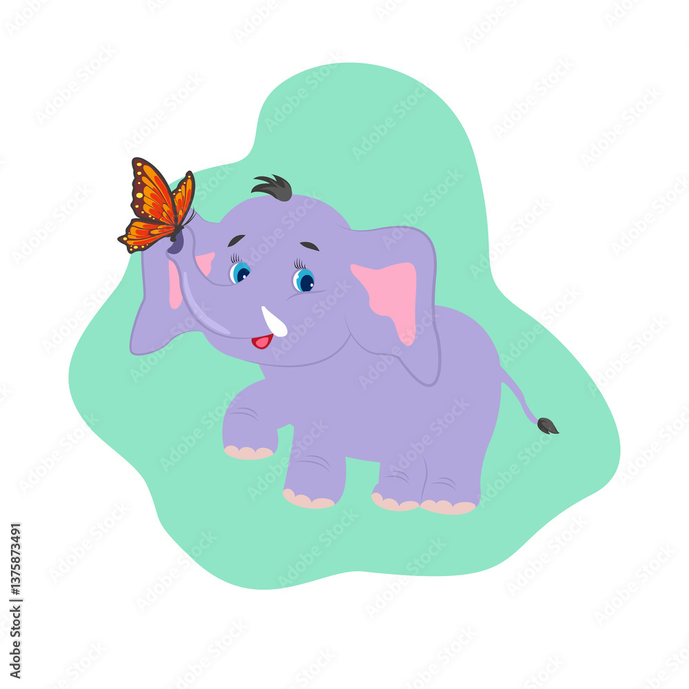 Fototapeta premium Little elephant playing with butterfly. Mammal animal with big ears and trunk for kids.