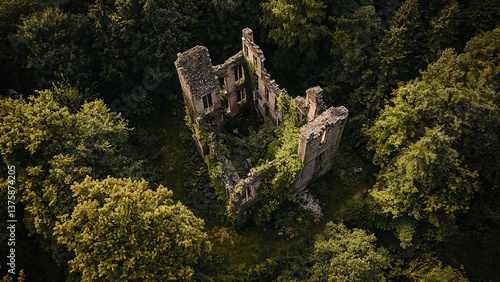 Aerial drone view of a castle ruin overtaken by nature