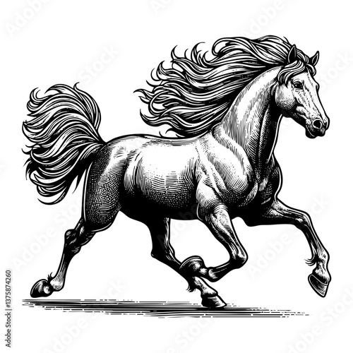 Horse running up engraving black and white outline. Scratch board imitation.  illustrated in vintage line art style on a white background.