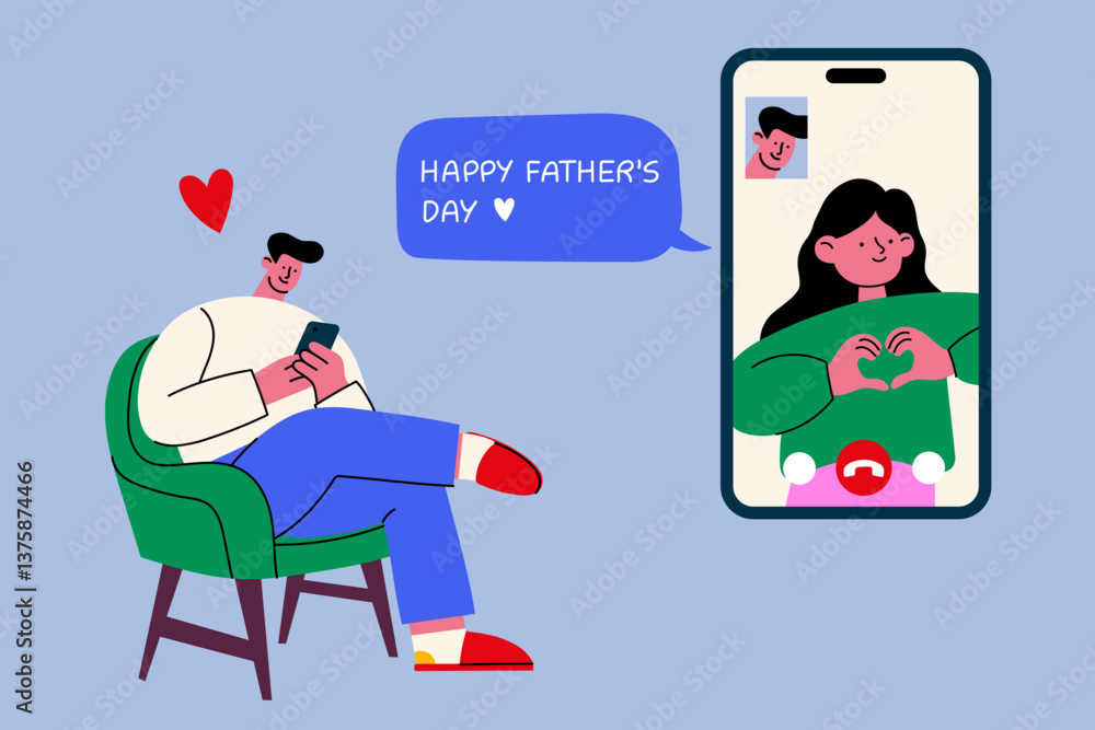 Father's Day illustration. Virtual celebration. Happy dad. Video call with daughter. Heart gesture. Modern family connection concept Father's Day illustration. Virtual celebration. Happy dad. Video call with daughter. Heart gesture. Modern family connection concept