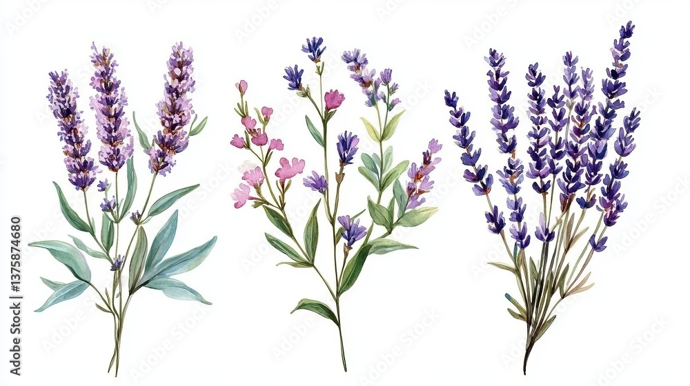 Fototapeta premium Elegant Watercolor Lavender Flowers Botanical Illustration Purple Floral Design Romantic Spring Summer Nature Artwork Pretty Delicate Bouquet Artistic