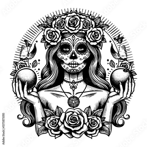 day of the dead woman sketch engraving black and white outline. Scratch board imitation.  illustrated in vintage line art style on a white background.